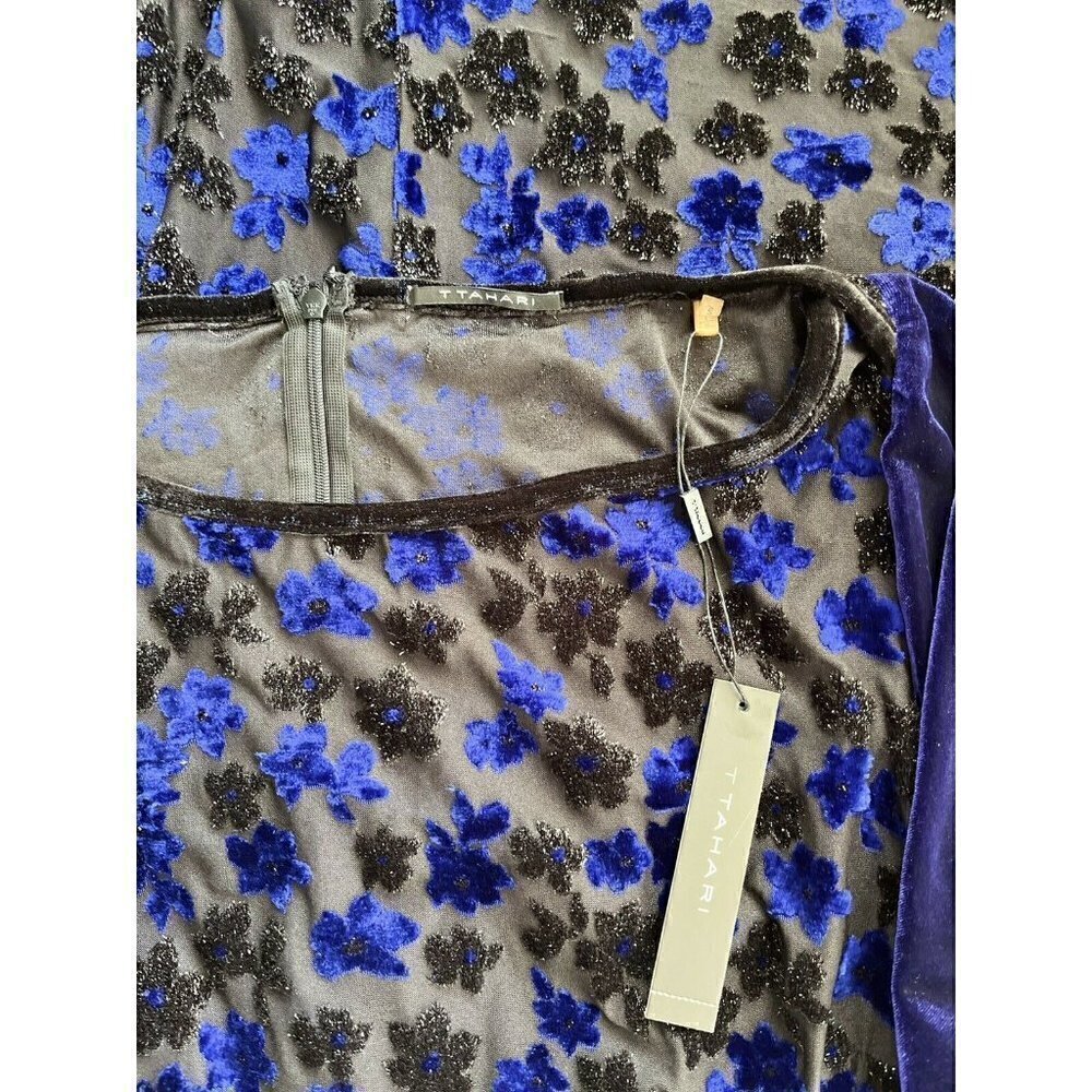 T Tahari Women's Blue Riley Floral Velvet Boat neck Burnout Dress Size L - Picture 6 of 12
